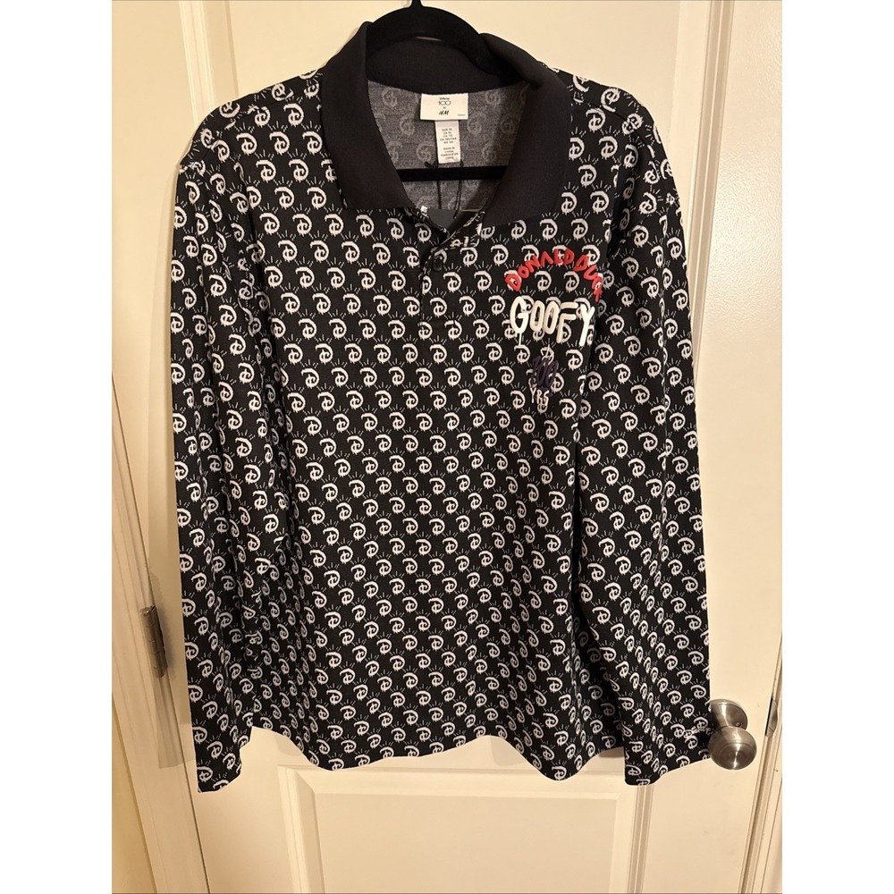 Disney 100 YRS XL H&M Jacquard Knit Polo Shirt Black White Donald Duck Goofy NWT